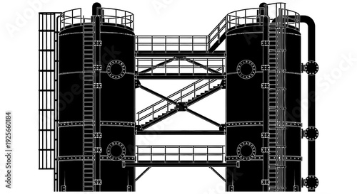 A detailed black and white architectural drawing of industrial storage tanks and connecting walkways high quality