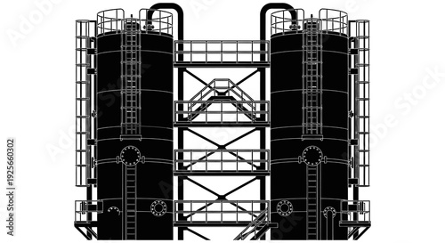 Detailed black and white illustration of two industrial storage tanks with connecting walkways high quality professional
