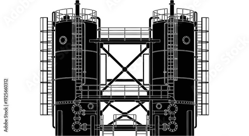 Industrial blueprint of two large cylindrical tanks connected by a metal framework high quality professional detailed