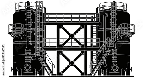 Black and white illustration of industrial storage tanks connected by a metal walkway and stairs