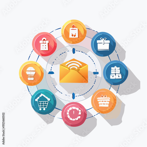 Circular array of ecommerce icons around a central email symbol illustration