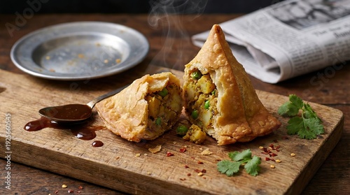 Crispy samosa broken open, spiced filling, chutney drizzle