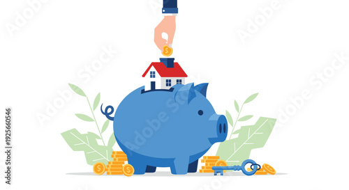 A human hand is shown dropping a gold coin into a blue piggy bank with a house on top, surrounded by more coins and a key on a white background with green leaves.