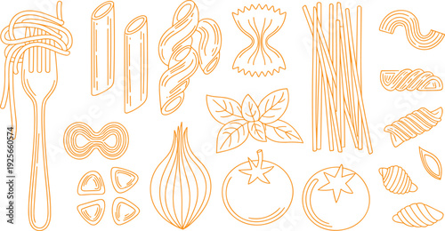 Italian Pasta Line Art Illustration Set, Spaghetti, Penne, Fusilli, Farfalle, Tomato, Onion, Basil, Italian Cuisine Outline Collection
