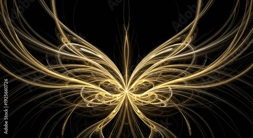 A mesmerizing fractal butterfly emerging from a cosmic abyss with intricate golden patterns.
