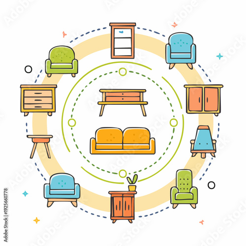 Collection of colorful furniture arranged in a circle design graphic illustration