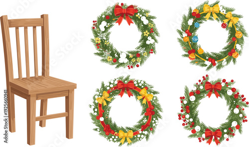 Christmas wooden chair with decorative evergreen holiday wreaths set including red bows berries and ornaments for winter seasonal interior design and invitations