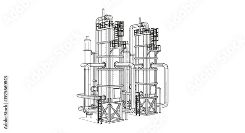 Detailed line drawing of an industrial distillation column complex with connected piping systems high quality professional