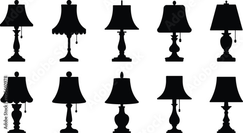 Ten black vintage table lamps with different shades and bases arranged in a grid pattern on a white background