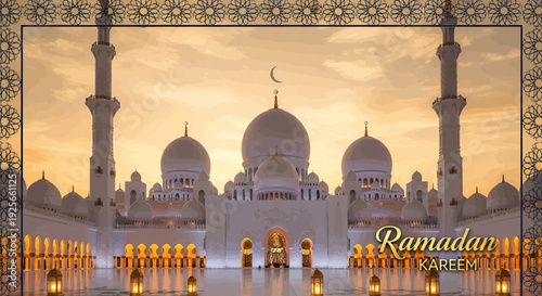 Majestic view of the grand mosque with golden domes and intricate architecture at sunset