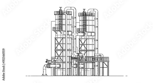 Detailed blueprint illustration of a large industrial distillation column or processing tower structure high quality professional