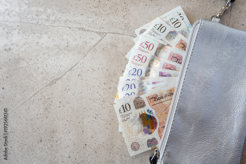 Leather silver partmone with money, pound bills. Business concept.