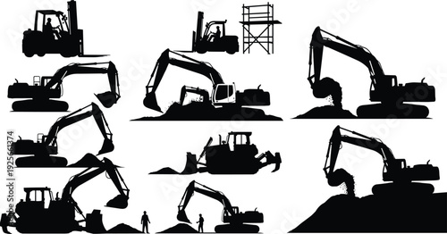 Black heavy machinery silhouettes including excavators, forklifts, and bulldozers at construction site, isolated vector industrial equipment icons for building projects.