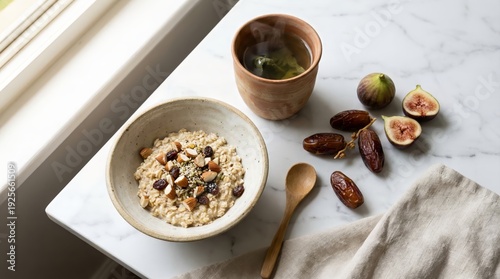 Healthy Desi breakfast bowl with green tea, natural window light