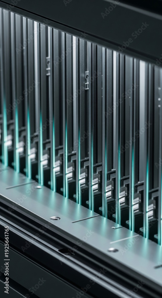 Fototapeta premium Row of glowing blue laser beams emitting from modern server rack