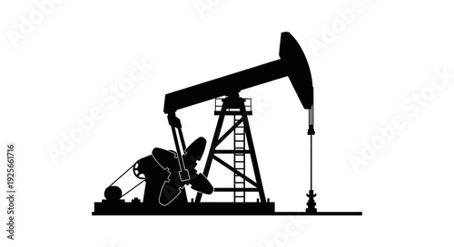 A black silhouette of a classic oil pump rig representing energy extraction and industrial landscapes