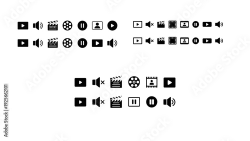 Collection of icons depicting media control and audio-visual functions in black and white isolated on transparent background