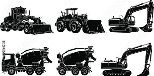 Excavator, Loader, Grader, Concrete, Mixer, Construction, Machinery, Silhouette, Industrial, Vehicle, Engineering, Transport, Equipment, Heavy, Vector,