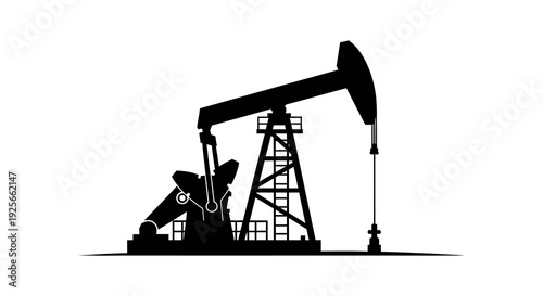 A stark silhouette of a classic oil pump rig against a clean white background high quality