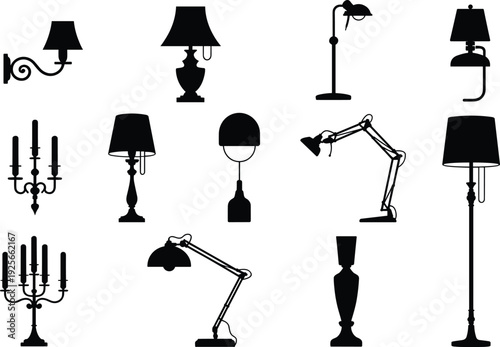 Collection of black and white lamp and lighting fixtures including wall sconces, floor lamps, desk lamps, and chandeliers
