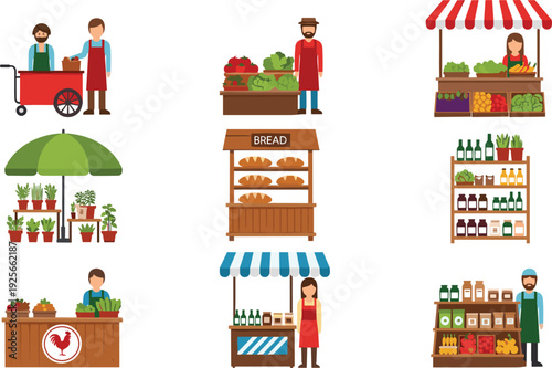 Set of flat market stall and street vendor vectors featuring vegetable stands, bread bakery, flower shop, and grocery shelves isolated on white.