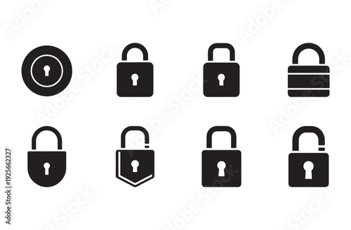 ollection of black and white lock icons in various shapes and designs, including keyholes, symbolizing security and protection, presented on a checkerboard background