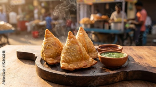 Pakistani samosas with tamarind chutney on wooden board
