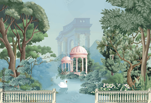 Mughal garden, dome illustration for wallpaper. Botanical tree landscape illustration and swan in a beautiful lake.