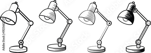 Four black and white desk lamps with adjustable arms and round bases in a row adjustable lamp four lamps