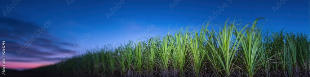 Fototapeta premium Sugarcane stalks growing in a lush agricultural plantation at sunset for bioenergy production and food industry background with copy space under a vibrant twilight sky
