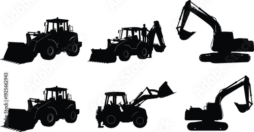 Set of heavy construction machinery silhouettes including excavator, front loader, and backhoe icons isolated on white background for industrial design.