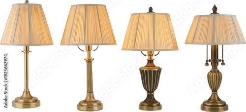 Four Table Lamps with Beige Striped Shades and Brass or Bronze Bases on White Background beige shades