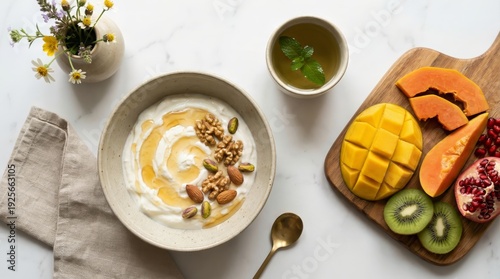 Healthy Desi breakfast flat lay with oats, nuts and green tea