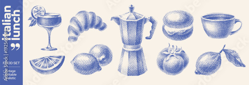 Food collage. Italian brunch halftone set. Coffee cup, wine limoncello, croissant, lemon, retro coffeemaker, tomato. 3d Italian brunch hand drawn vintage cafe illustration. Vector halftone sticker art