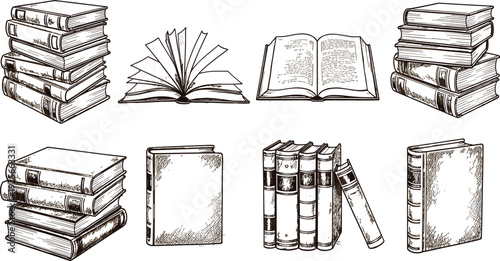 Vintage hand drawn book sketches set featuring stacks of old novels open pages and classic hardback covers for library education design. (20 words)