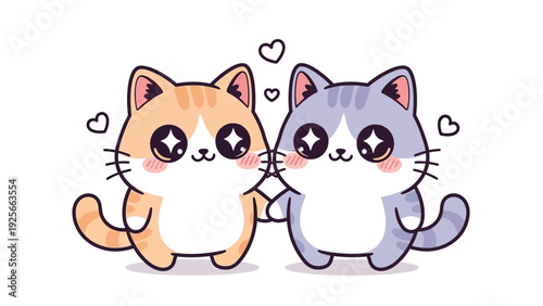 Illustration of two cute cartoon cats sitting together with hearts around them on a white background.
