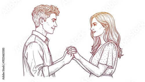 A romantic couple holding hands and looking at each other with a simple line drawing style on a white background.