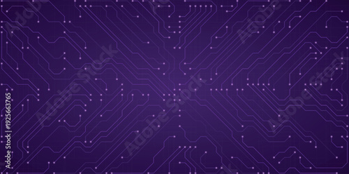 Purple circuit board pattern abstract technology background with glowing lines and nodes for digital data and network concepts