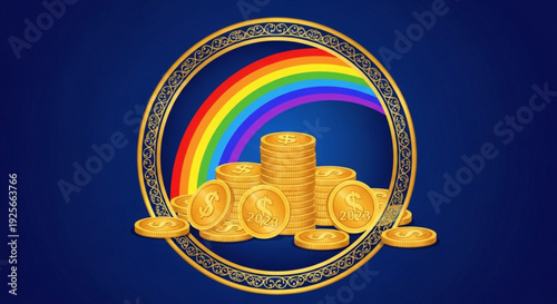 Golden coins pile with rainbow in ornate circle on blue background symbolizing wealth and prosperity
