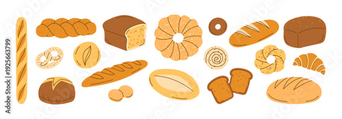 Bakery bread and pastry set. Assorted baked goods with baguette, loaf, croissant, pretzel and bagel