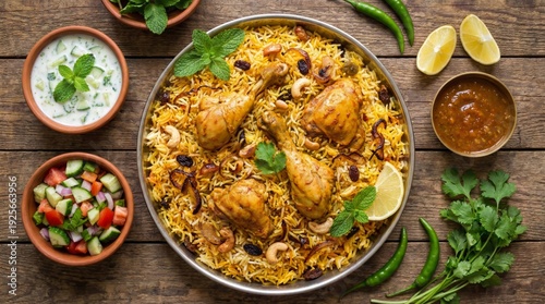 Pakistani chicken biryani overhead platter with raita, flat lay