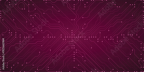 Rich magenta circuit board abstract with luminous pink nodes on a dark plum background representing digital innovation and electronic pathways