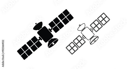 Two satellite depictions with solar panels a minimalist black silhouette