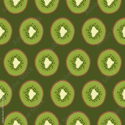 Kiwi seamless pattern. Cut pieces of fresh exotic kiwifruit on a dark green background. Summer cute vector colorful background.