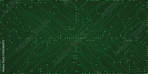Vibrant green abstract digital circuit board pattern with luminous lines and square nodes suggesting technology and connectivity