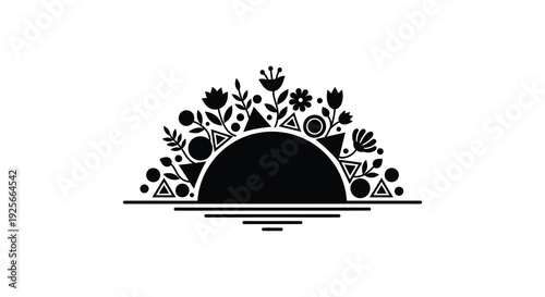 Floral and geometric shapes forming a sun over water black silhouette