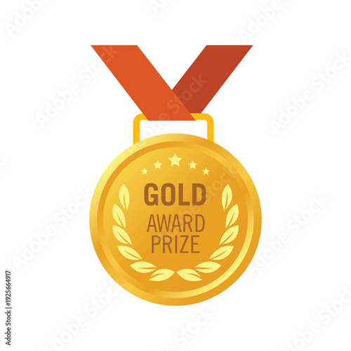 Gold Medal Award with Red Neck Ribbon. First Place Winner Prize Medal. Vector Illustration