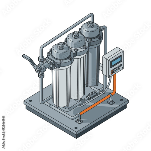 Isometric view of water filtration system with multiple filters and control panel