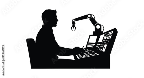 Broadcaster operating console with robotic arm a striking black silhouette