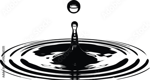Black and white water drop splash silhouette, liquid ripple effect vector illustration, concentric circles crown splash, cad drawing flat vector illustration.